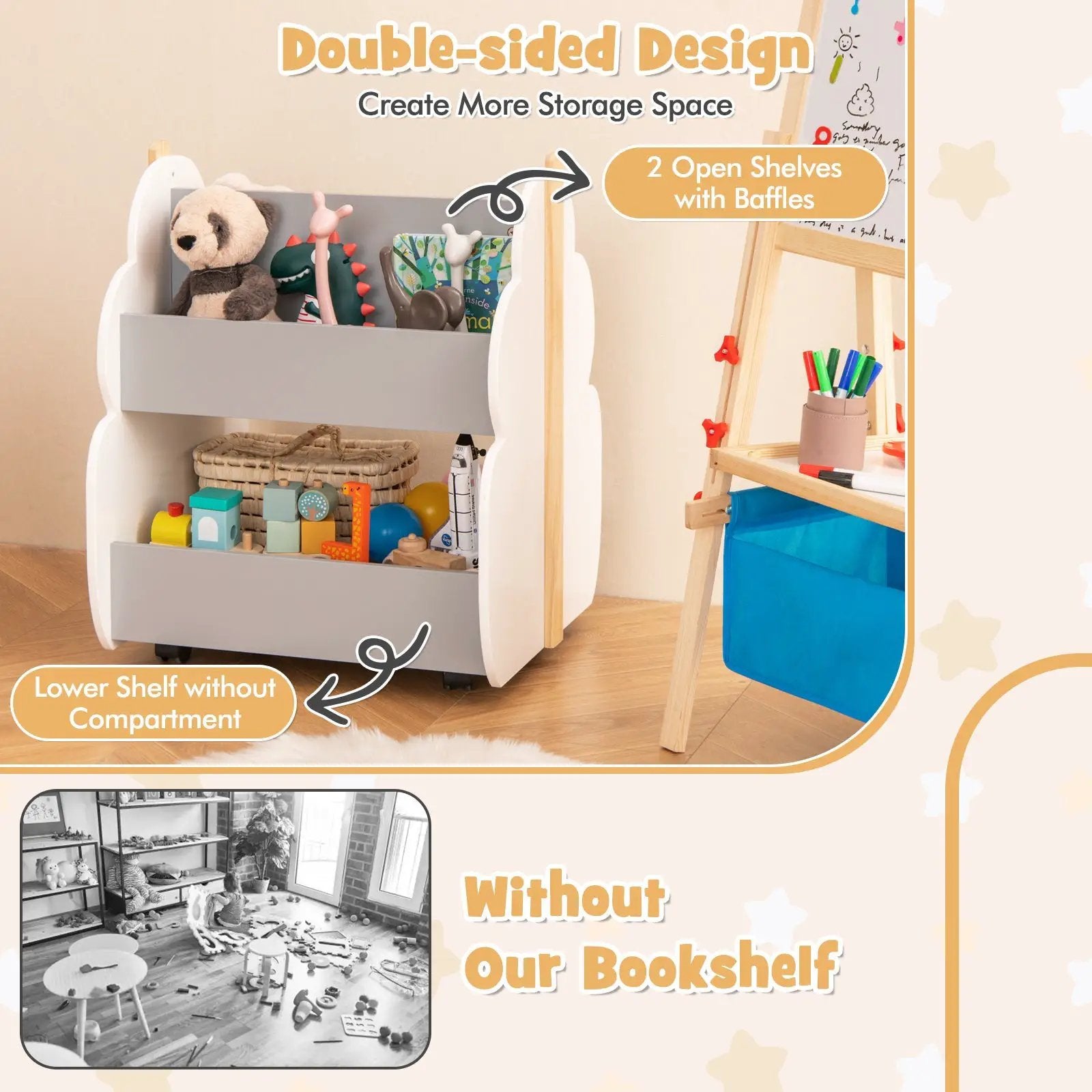 Kids Wooden Bookshelf with Universal Wheels by DirectDeals