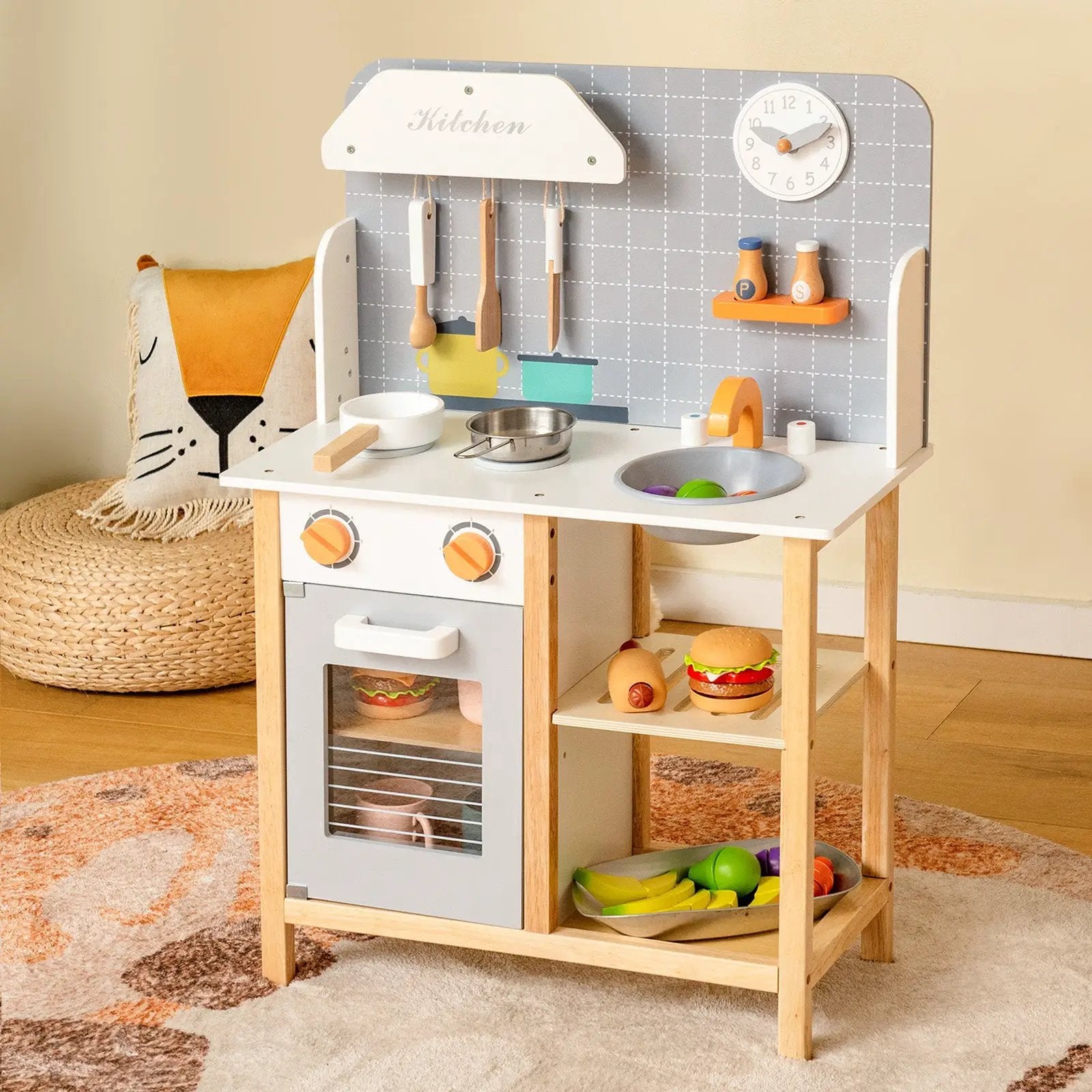 Wooden Toddler Pretend Kitchen Set with Cookware Accessories for Boys and Girls-Grey by DirectDeals