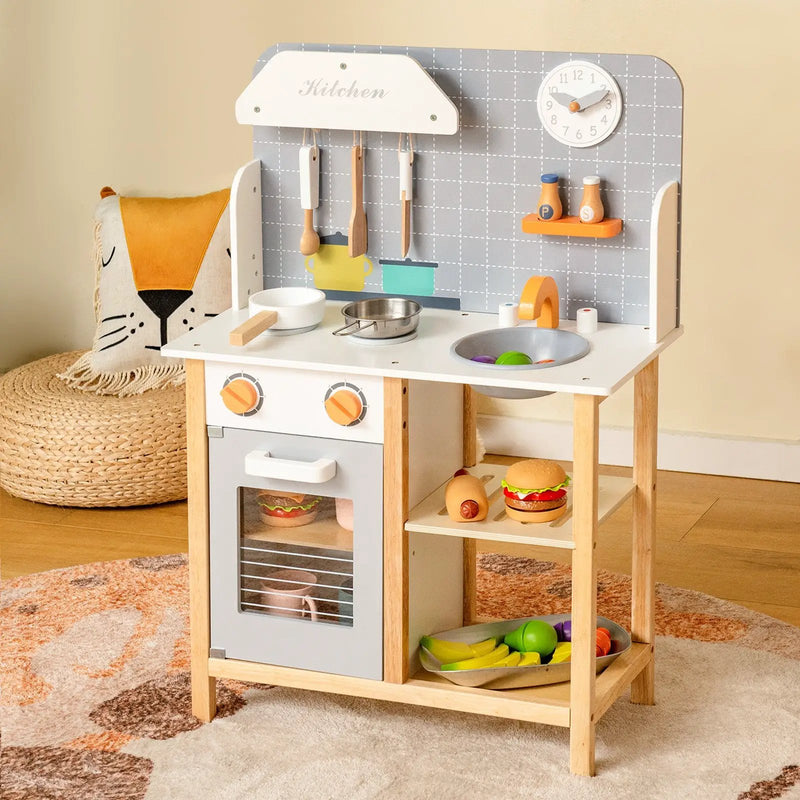 Wooden Toddler Pretend Kitchen Set with Cookware Accessories for Boys and Girls-Grey by DirectDeals
