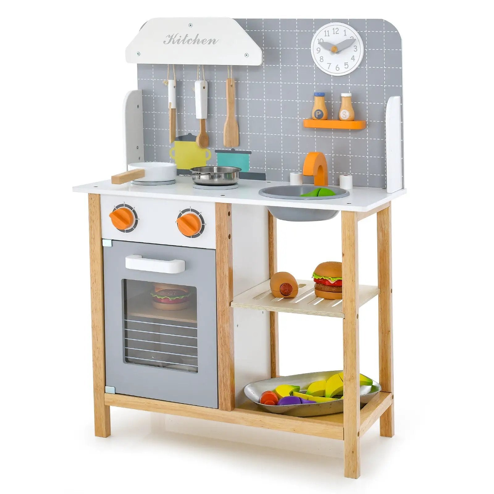 Wooden Toddler Pretend Kitchen Set with Cookware Accessories for Boys and Girls-Grey by DirectDeals