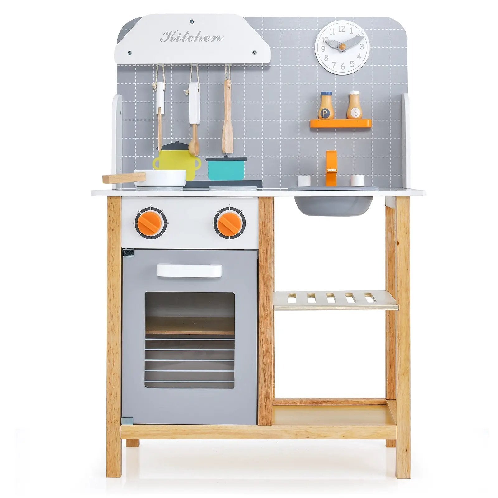 Wooden Toddler Pretend Kitchen Set with Cookware Accessories for Boys and Girls-Grey by DirectDeals