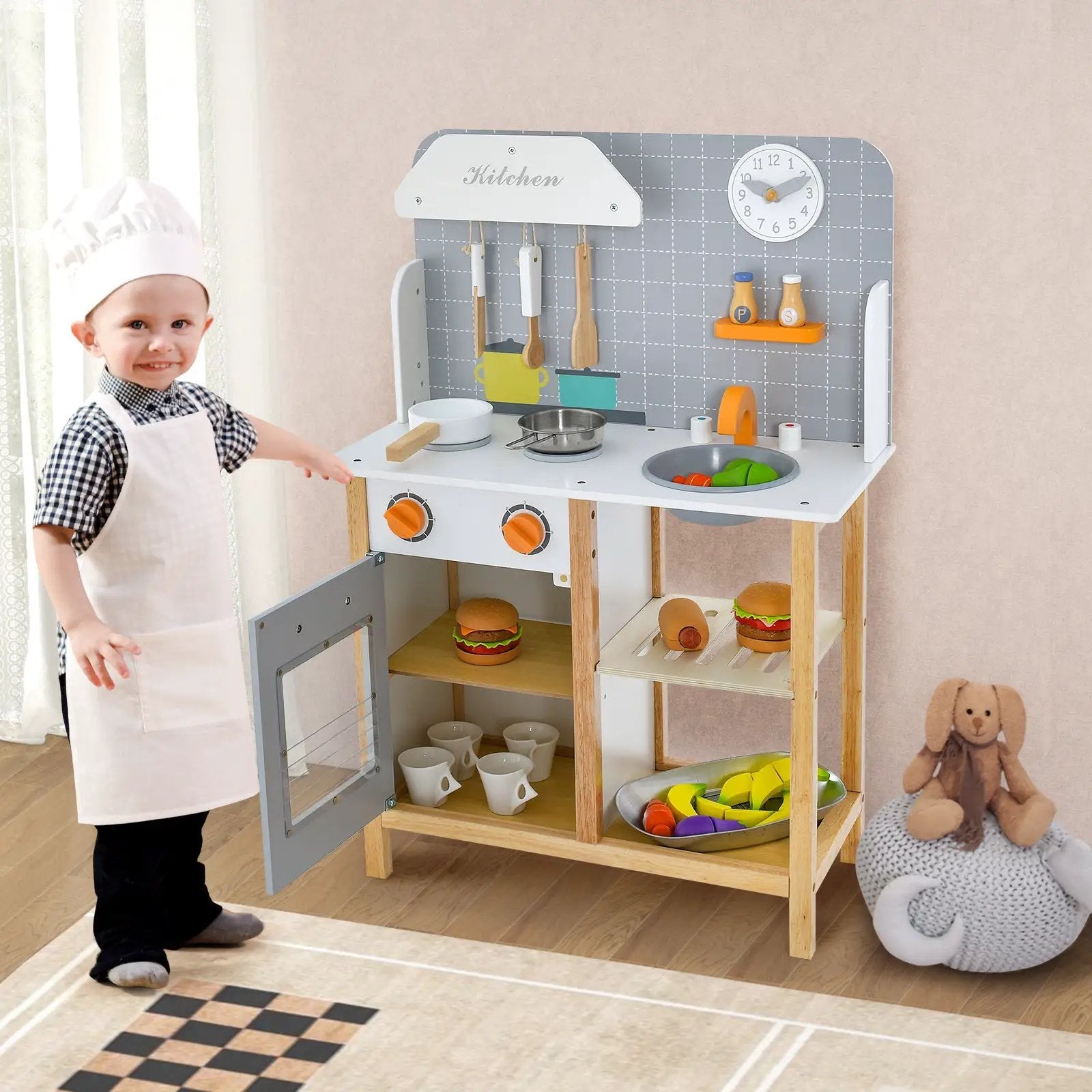 Wooden Toddler Pretend Kitchen Set with Cookware Accessories for Boys and Girls-Grey by DirectDeals