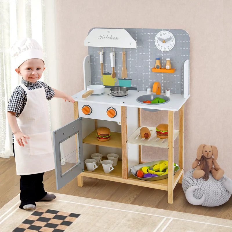 Wooden Toddler Pretend Kitchen Set with Cookware Accessories for Boys and Girls-Grey by DirectDeals