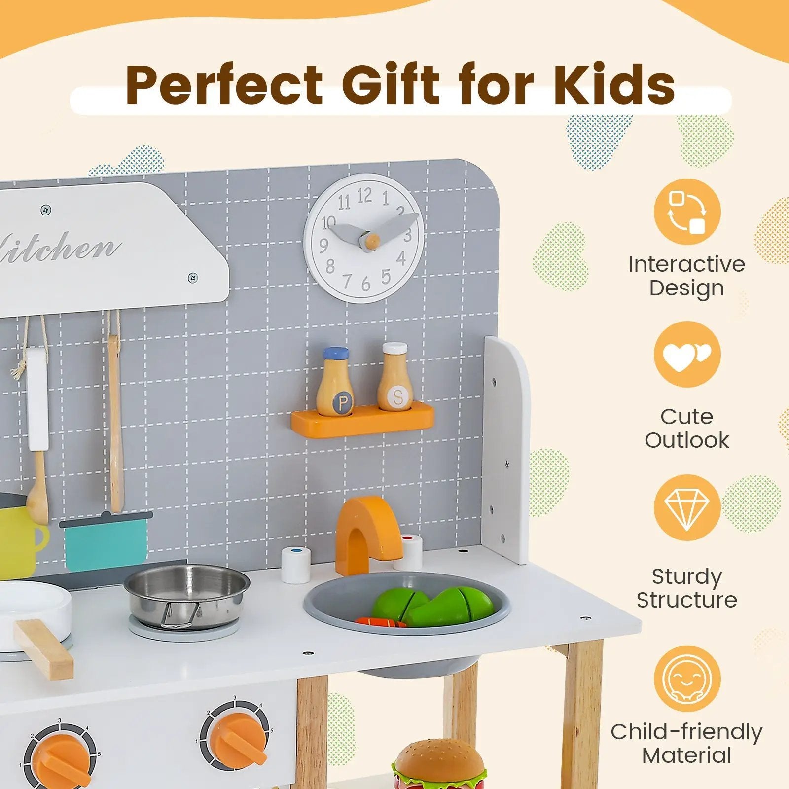 Wooden Toddler Pretend Kitchen Set with Cookware Accessories for Boys and Girls-Grey by DirectDeals
