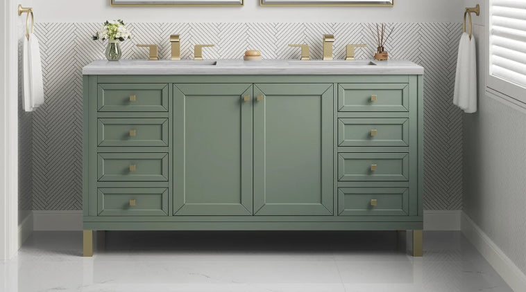 Sage green double bathroom vanity with marble top and brass fixtures