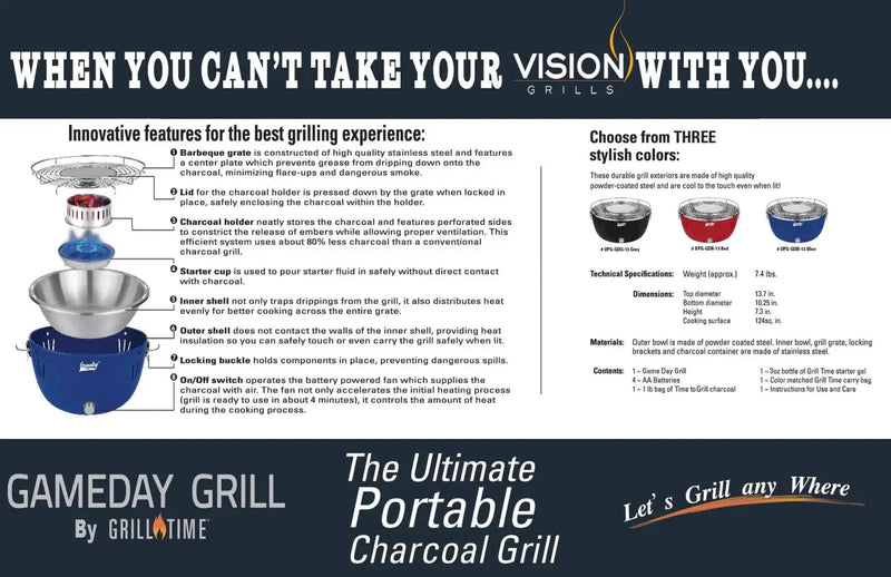 Grill Time Tailgater GTX Portable Charcoal Grill with Glass Hood Perfect for Camping Accessories by Outdoor Solar Outlet