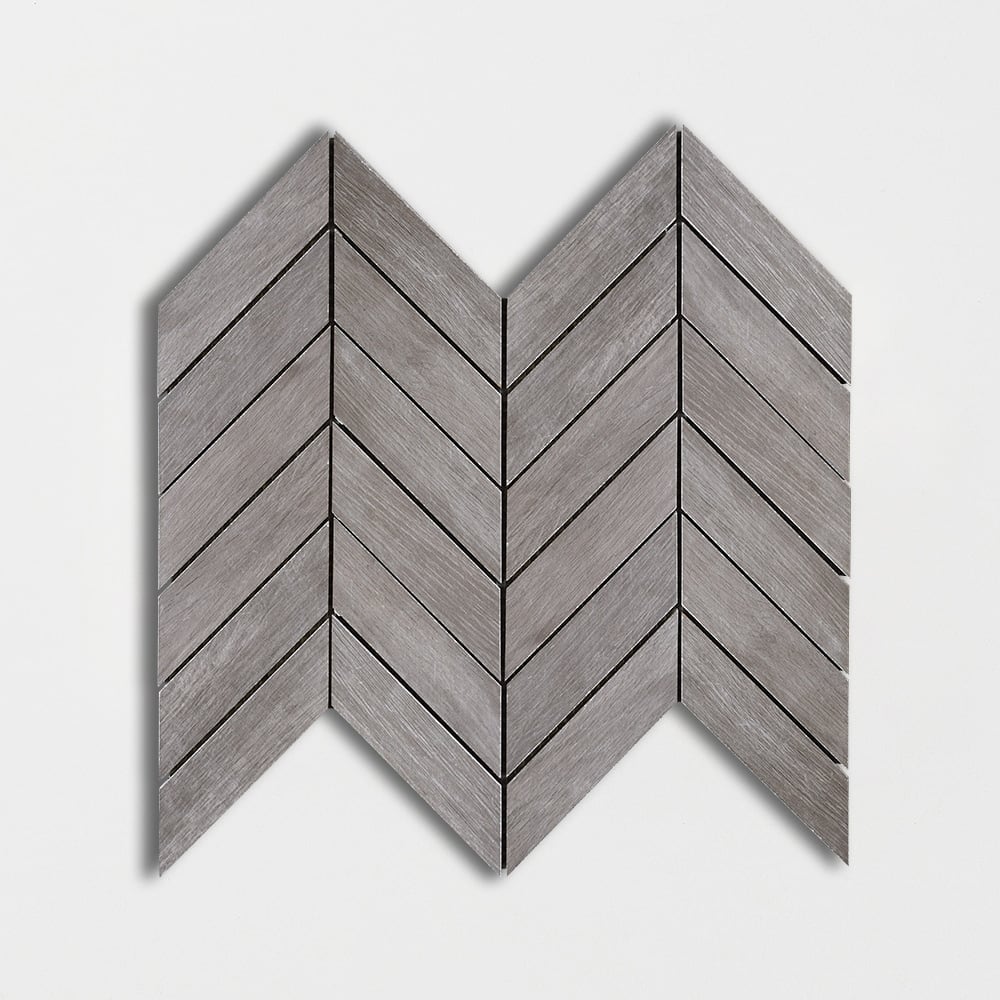 Gris Ardoise Matte Chevron Wood Look Porcelain Mosaics 17x7 3/4 Porcelain Matte 8x16 Mosaics — 3