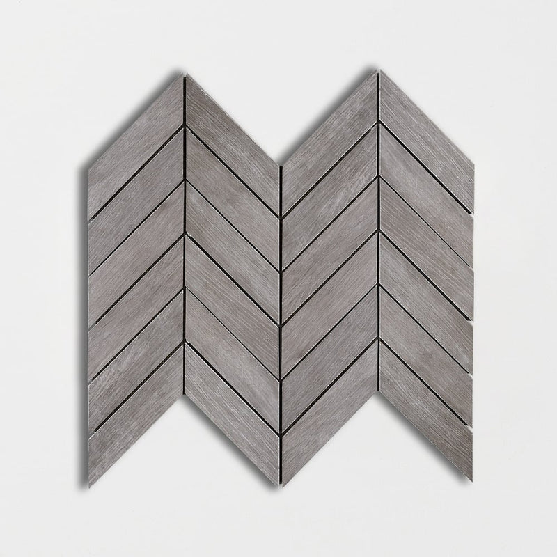 Gris Ardoise Matte Chevron Wood Look Porcelain Mosaics 17x7 3/4 Porcelain Matte 8x16 Mosaics — 3