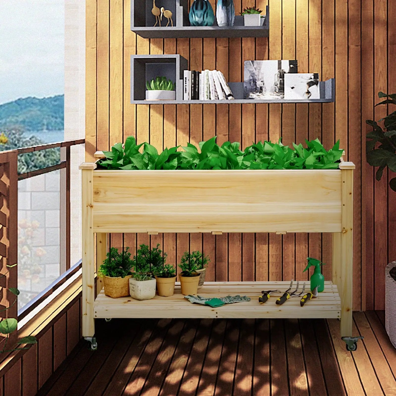 Wood Elevated Planter Bed with Lockable Wheels Shelf and Liner by DirectDeals
