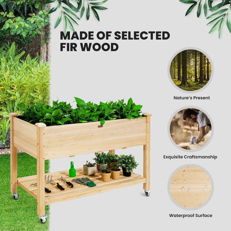 Wood Elevated Planter Bed with Lockable Wheels Shelf and Liner by DirectDeals