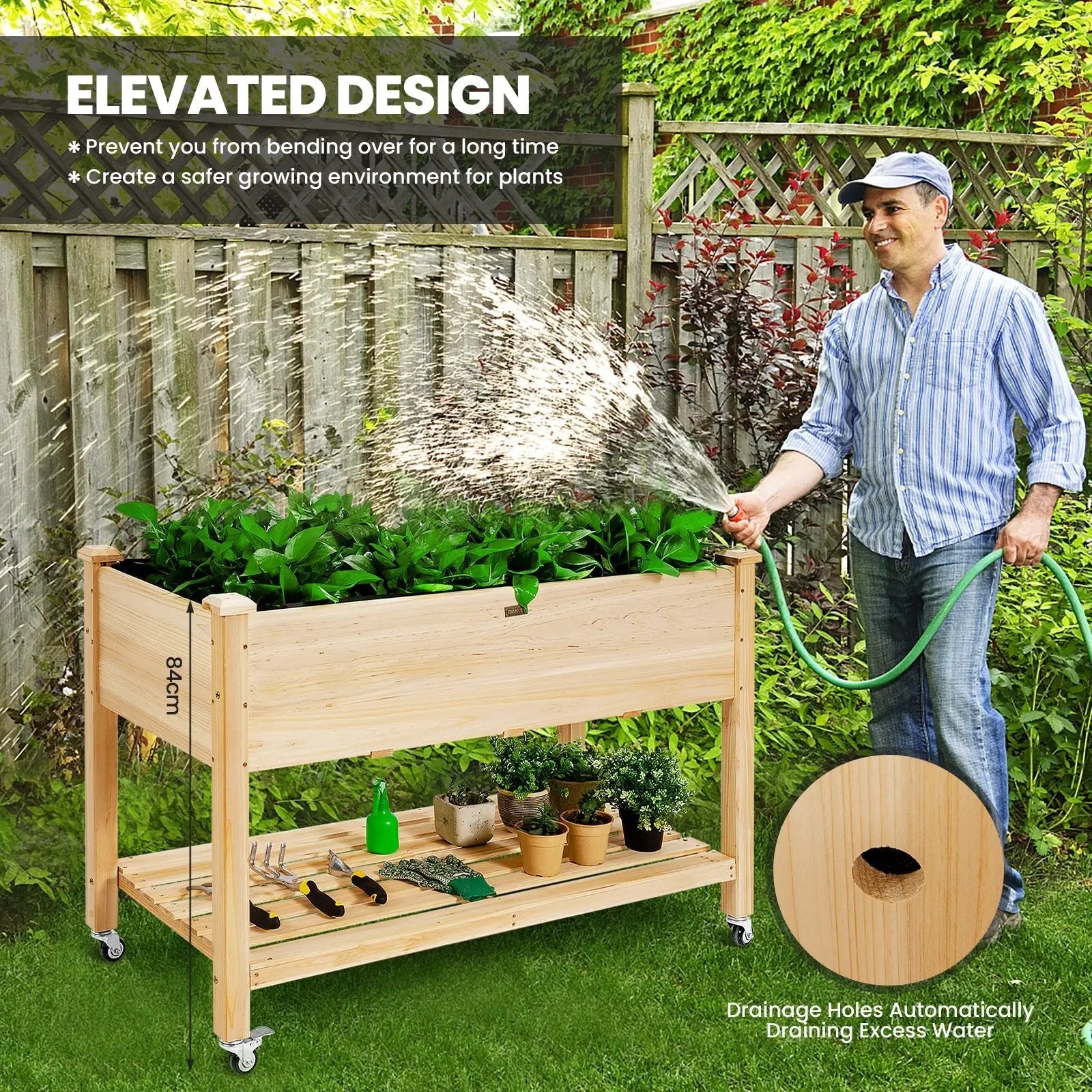Wood Elevated Planter Bed with Lockable Wheels Shelf and Liner by DirectDeals