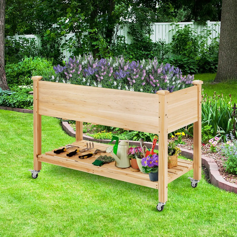 Wood Elevated Planter Bed with Lockable Wheels Shelf and Liner by DirectDeals