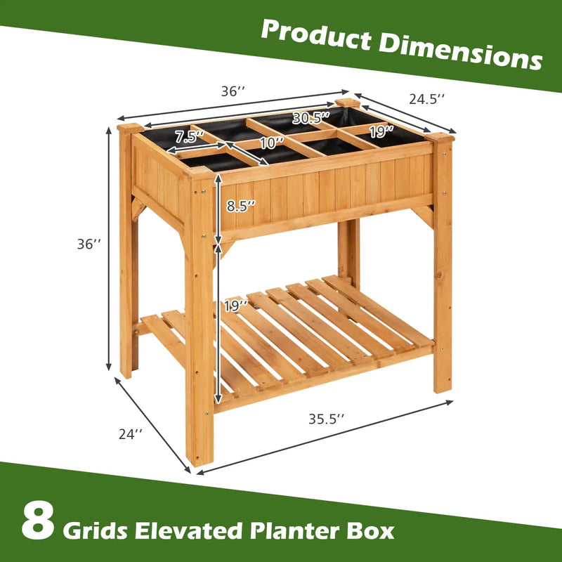 8 Grids Wood Elevated Garden Planter Box Kit with Liner and Shelf by DirectDeals