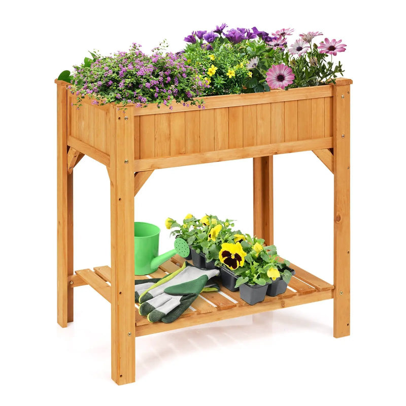 8 Grids Wood Elevated Garden Planter Box Kit with Liner and Shelf by DirectDeals