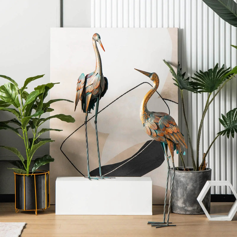Set of 2 Crane Garden Statues Standing Metal Crane Sculptures Bird by DirectDeals