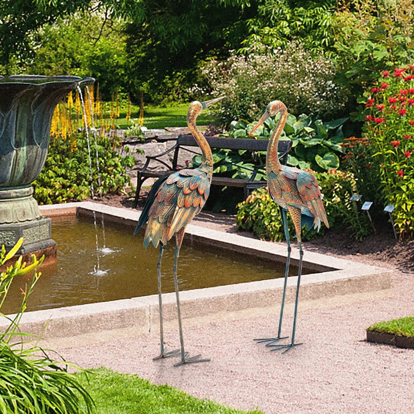 Set of 2 Crane Garden Statues Standing Metal Crane Sculptures Bird by DirectDeals