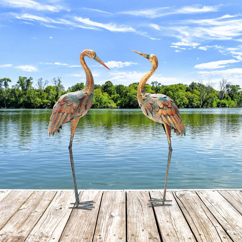 Set of 2 Crane Garden Statues Standing Metal Crane Sculptures Bird by DirectDeals