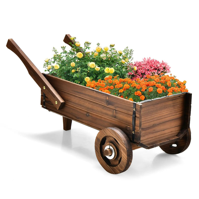 Wooden Wagon Planter Box with Wheels Handles and Drainage Hole-Rustic Brown by DirectDeals