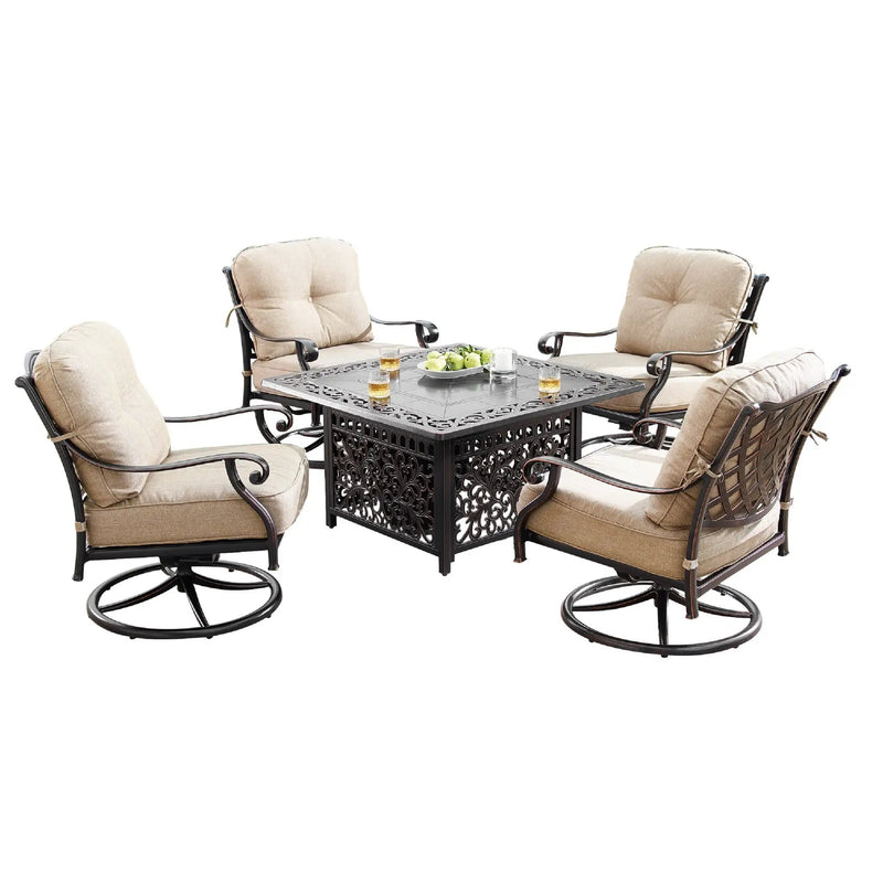 Aluminum 42-in Square Patio Fire Table Set with Swivel Rocking Chairs by Sharicks