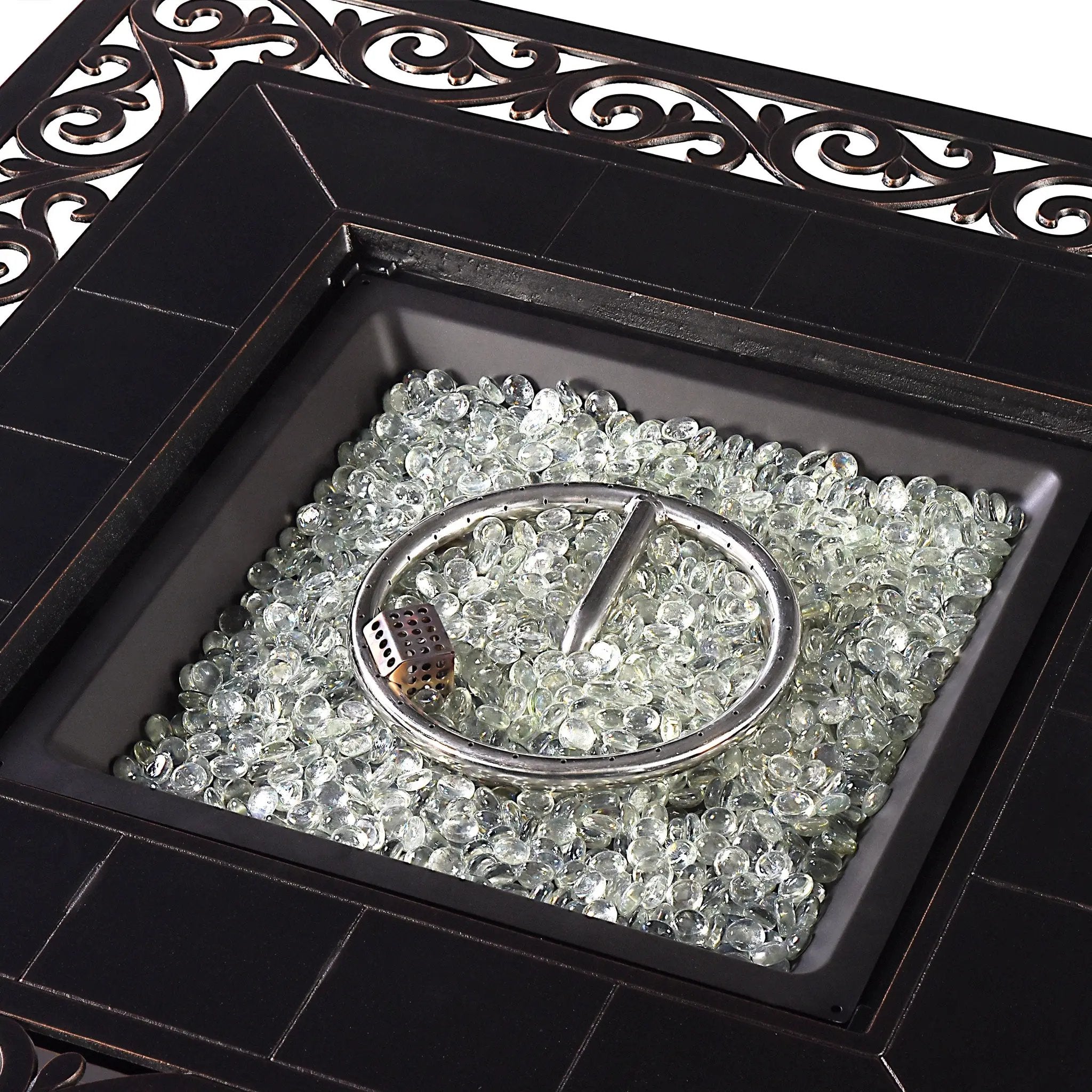 Black Aluminum Fire Table Set with Four Deep Seating Loveseats by Sharicks