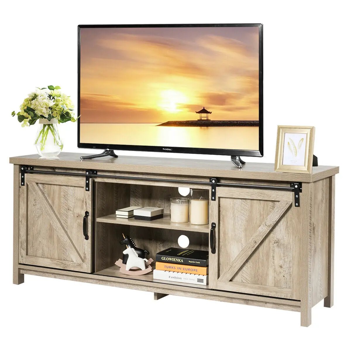 TV Stand Media Center Console Cabinet with Sliding Barn Door by DirectDeals