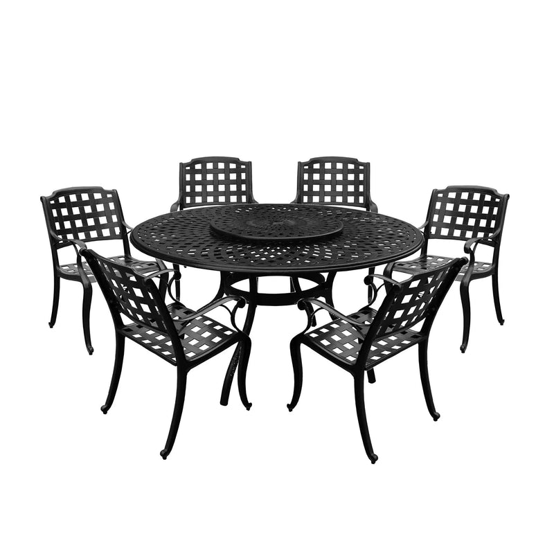 Aluminum 7pc Black Round Patio Dining Set, Lazy Susan, Six Chairs by Sharicks