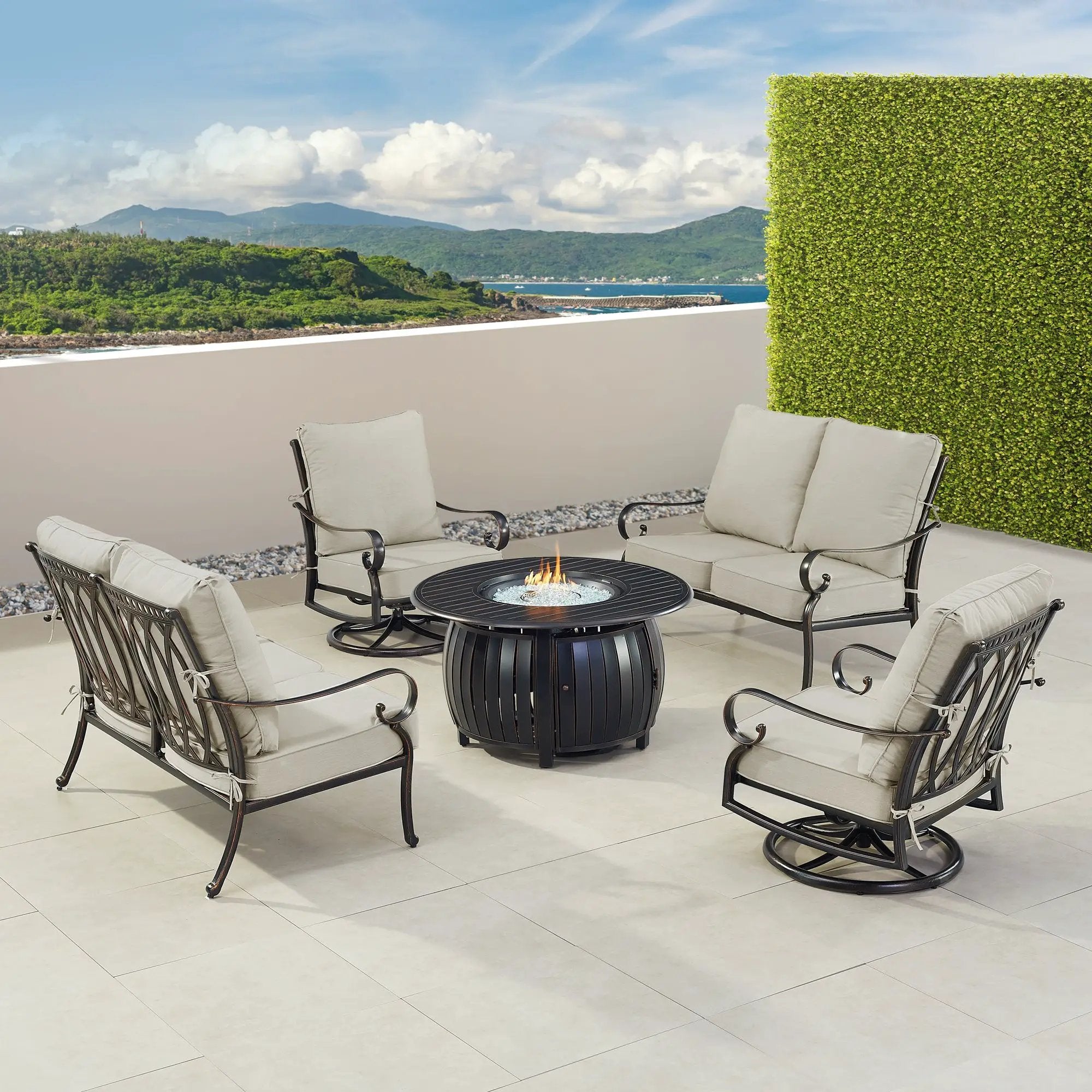 Black Aluminum Fire Table Set with Two Loveseats and Two Club Chairs by Sharicks