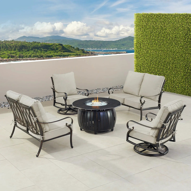 Black Aluminum Fire Table Set with Two Loveseats and Two Club Chairs by Sharicks