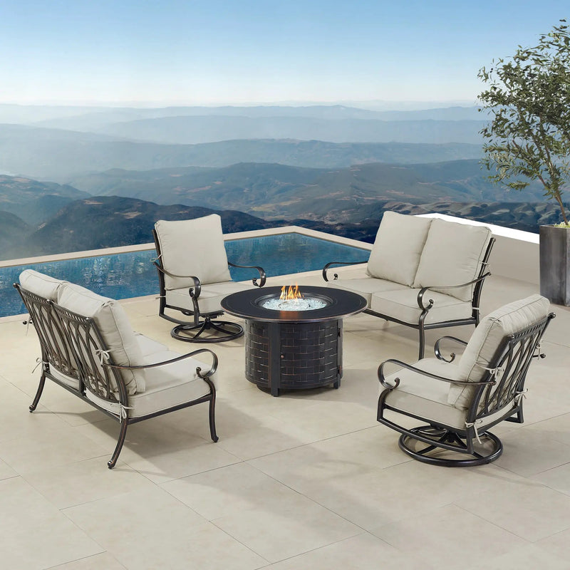 Black Aluminum Fire Table Set with Two Loveseats and Two Club Chairs by Sharicks