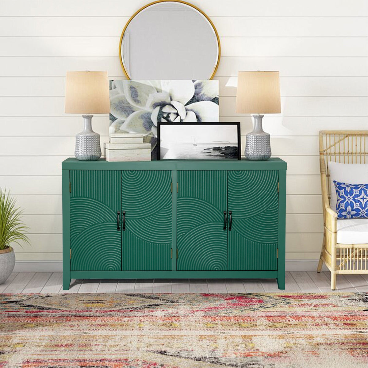 59in Green Accent Cabinet with 4 Doors - Mid Century Modern Buffet - Dark Green, photo 2 of 15
