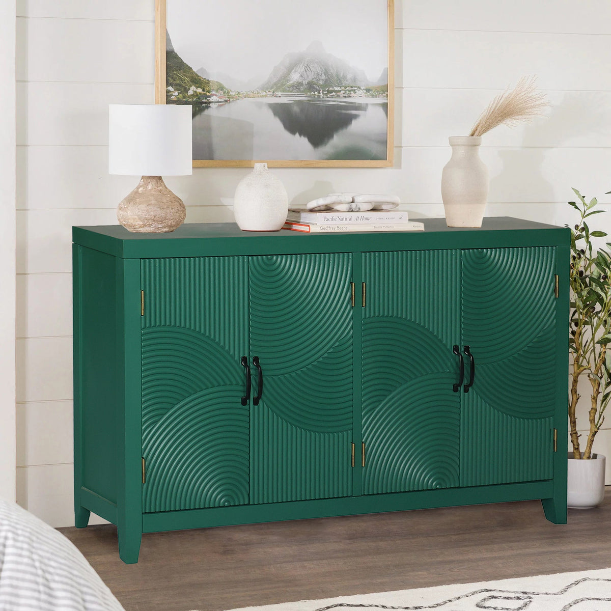59in Green Accent Cabinet with 4 Doors - Mid Century Modern Buffet - Dark Green, photo 3 of 15