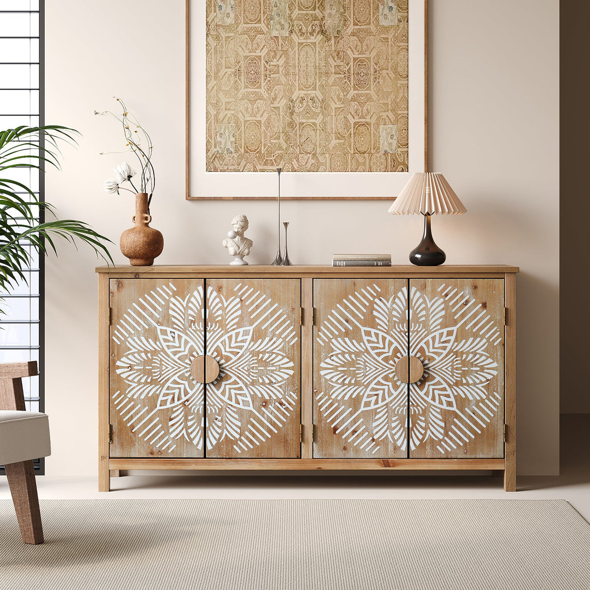 60" Wood Accent Cabinet with 4 Doors - Antique Brown and White, photo 2 of 13