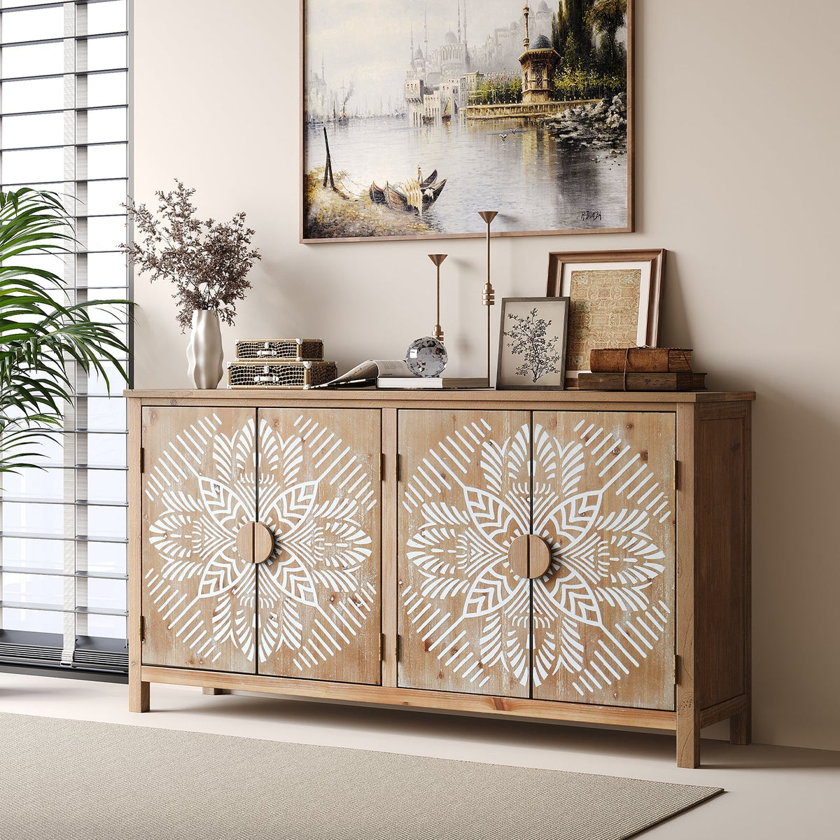 60" Wood Accent Cabinet with 4 Doors - Antique Brown and White, photo 3 of 13