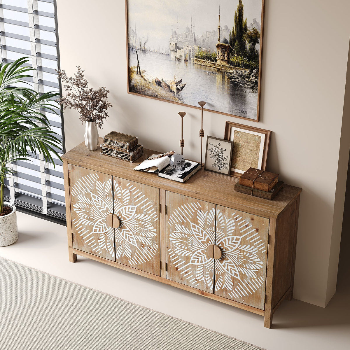 60" Wood Accent Cabinet with 4 Doors - Antique Brown and White, photo 4 of 13