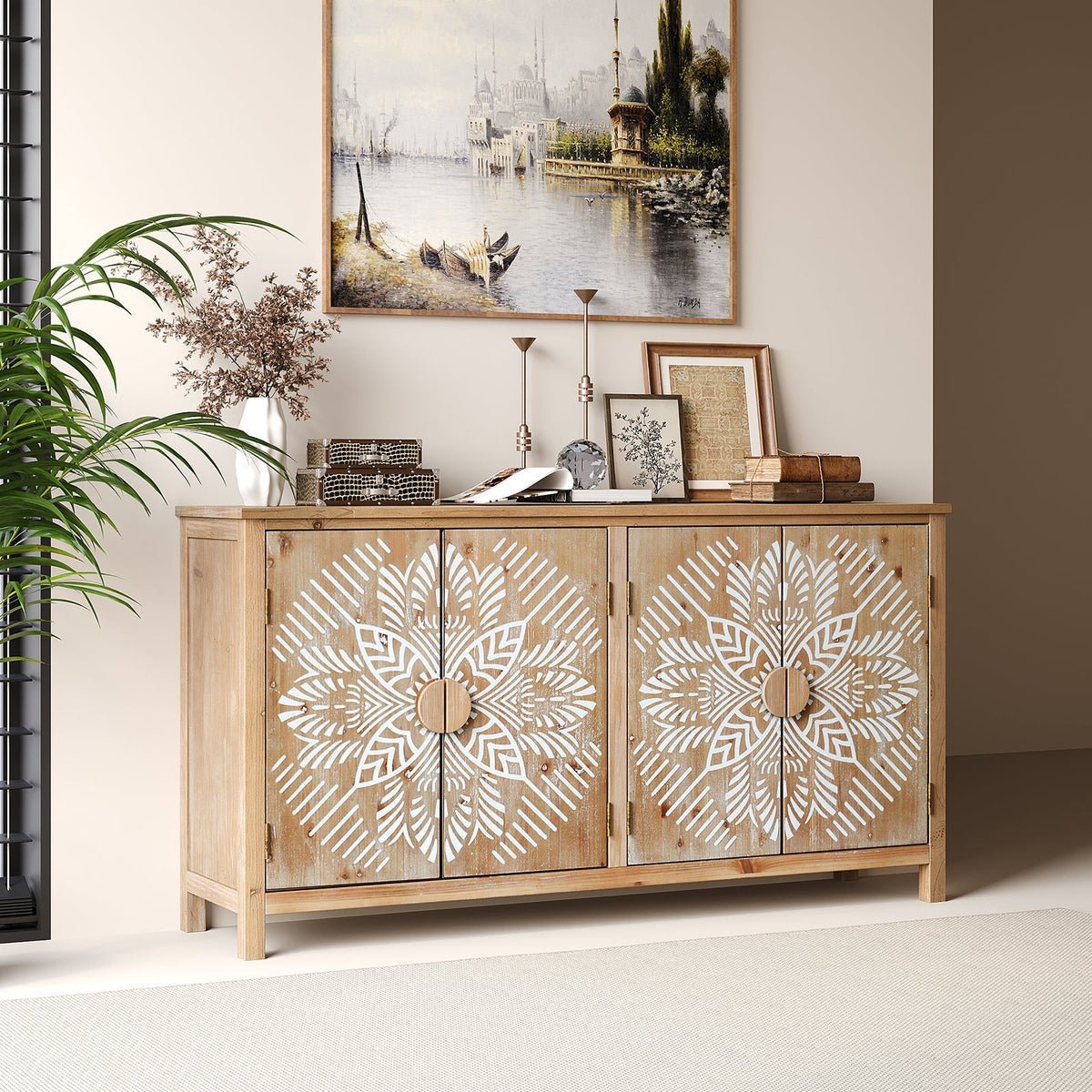 60" Wood Accent Cabinet with 4 Doors - Antique Brown and White, photo 5 of 13