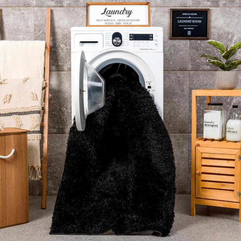Faina Solid Black Shag Washable Area Rug - Clearance by Boutique Rugs