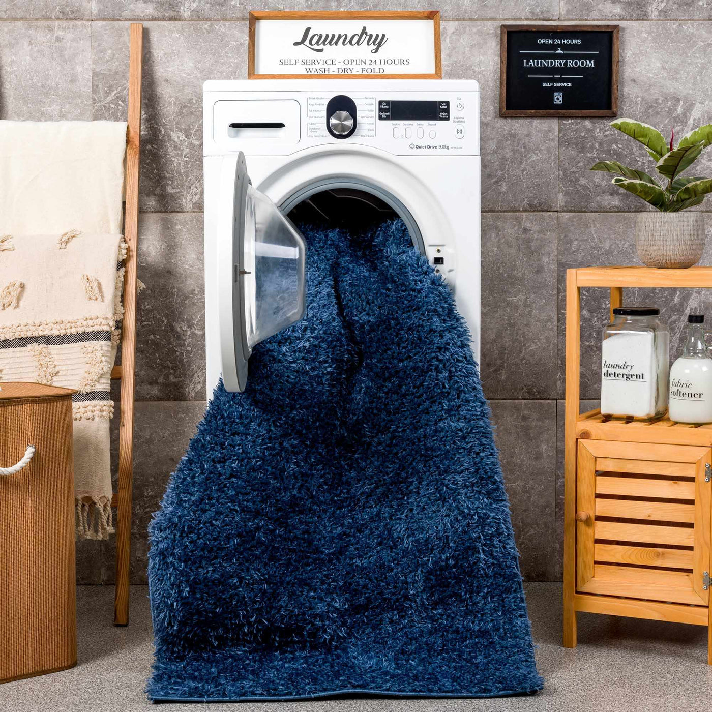 Faina Solid Dark Blue Shag Washable Area Rug - Clearance by Boutique Rugs