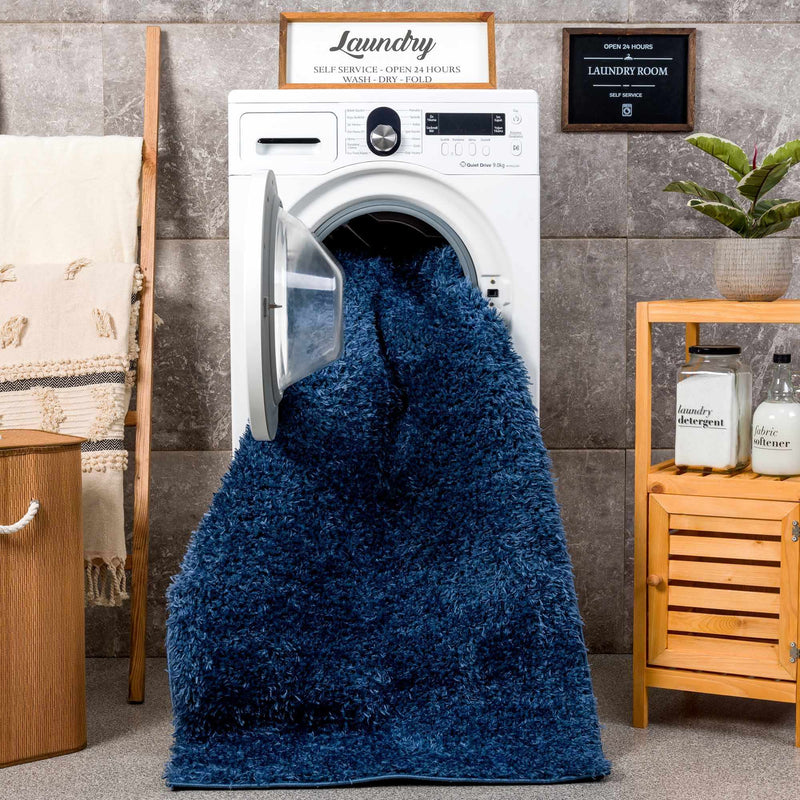 Faina Solid Dark Blue Shag Washable Area Rug - Clearance by Boutique Rugs