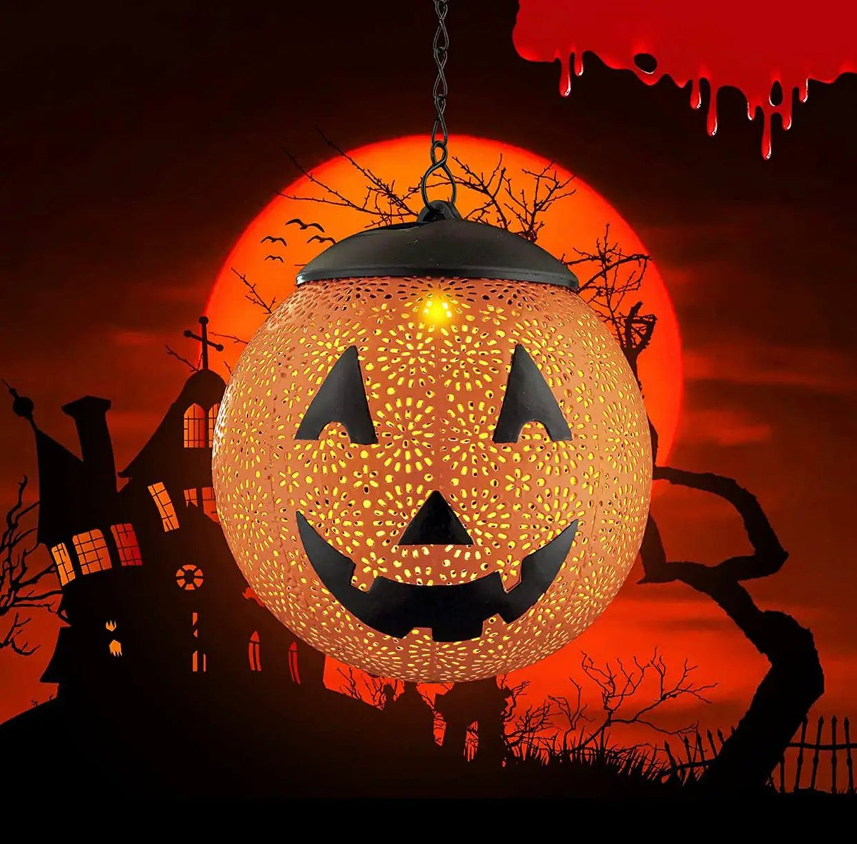 Halloween Solar Hanging Lights Outdoor - Garden Solar Metal Lantern Decor, Solar Powered Led Waterproof Decorative Round by Outdoor Solar Outlet