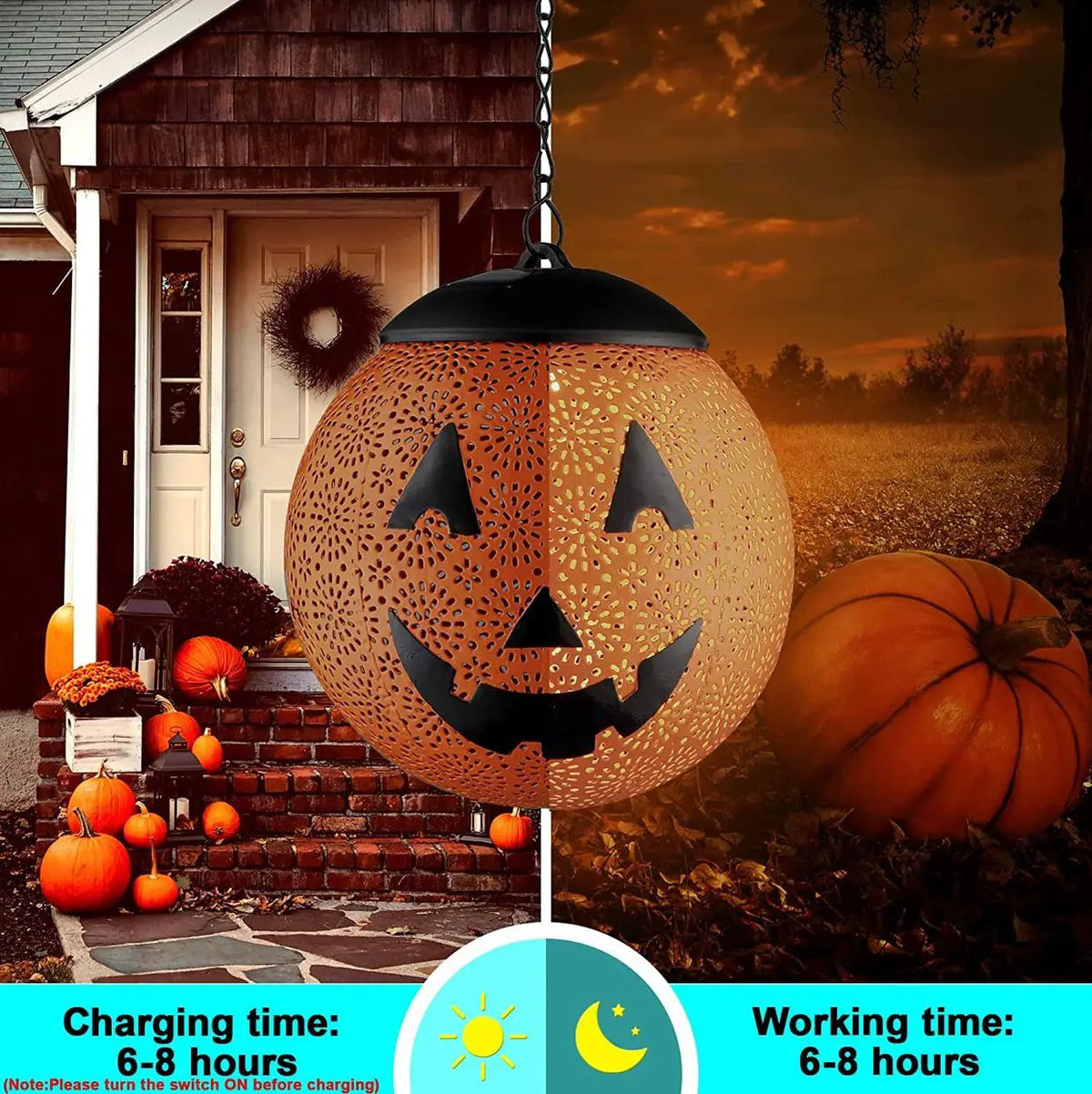Halloween Solar Hanging Lights Outdoor - Garden Solar Metal Lantern Decor, Solar Powered Led Waterproof Decorative Round by Outdoor Solar Outlet