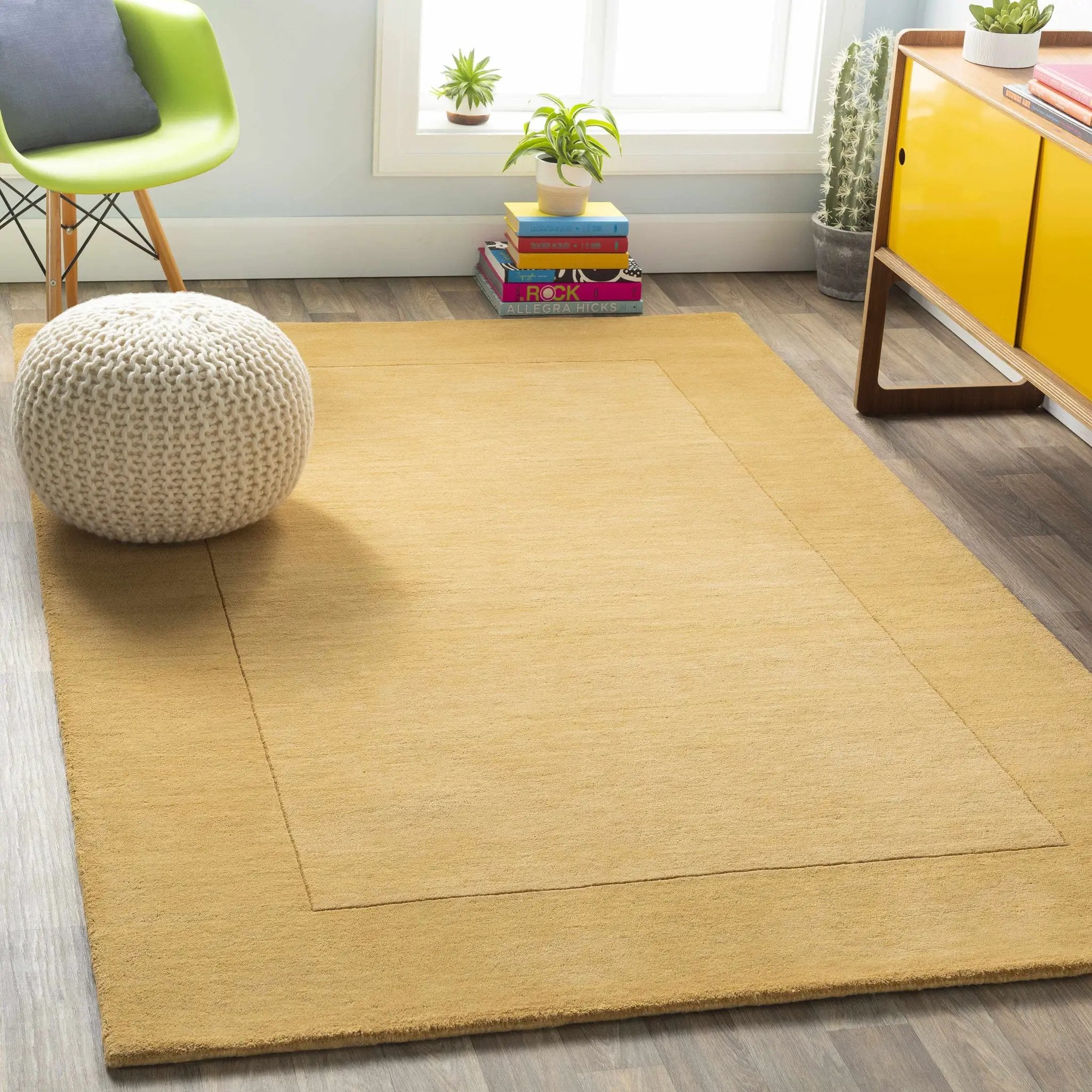 Bordered Solid Camel Yellow Wool Rug by Boutique Rugs