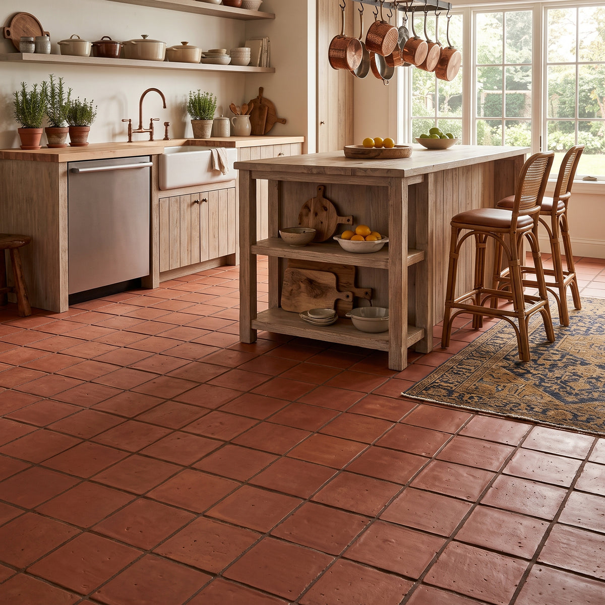 A rustic kitchen interior with terracotta tile flooring, light wood cabinetry and island, copper pots hanging over the sink, and two wooden bar stools beside the island.