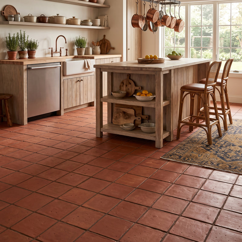 A rustic kitchen interior with terracotta tile flooring, light wood cabinetry and island, copper pots hanging over the sink, and two wooden bar stools beside the island.
