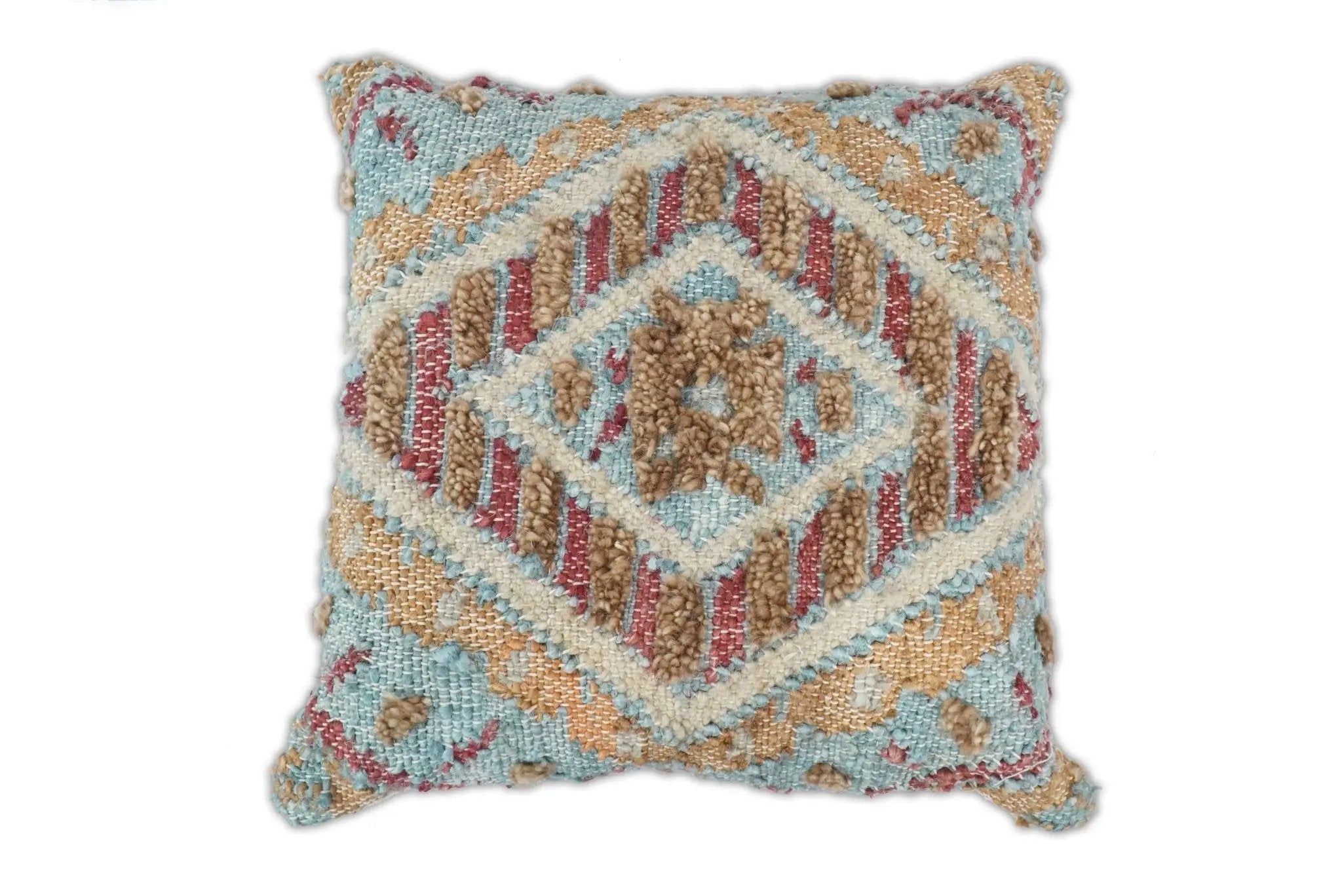 Hand Woven Boho Tribal Accent Mustard and Blue Jute and Wool Pillow, Cushion | PL13 by The Rug Decor