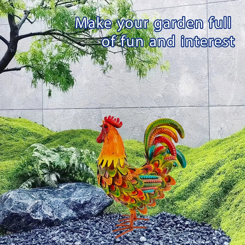 Handcrafted Colorful Metal Rooster Garden Statue by House Of Avana