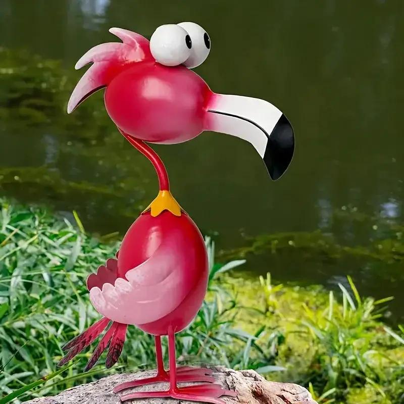 Handcrafted Red Metal Flamingo Garden Sculpture by House Of Avana