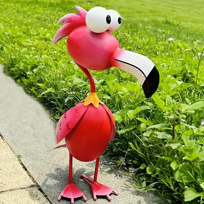 Handcrafted Red Metal Flamingo Garden Sculpture by House Of Avana