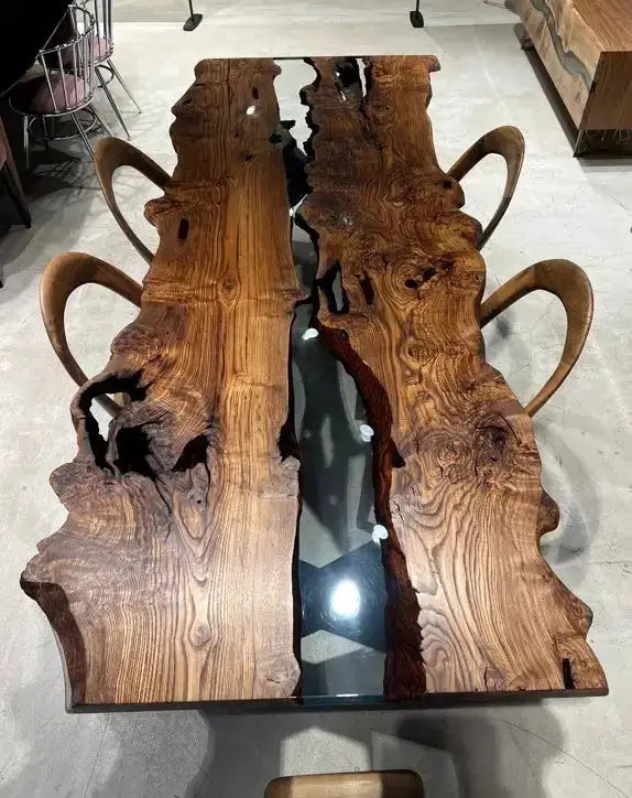 Live Edge, Epoxy Resin River Dining Room Table Made Of Chestnut Wood by Gizz