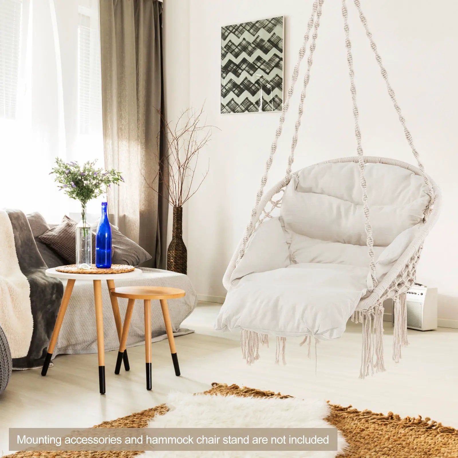 Hammock Chair with Thick Cushion & Macrame Holds up to 330 LBS-Beige by DirectDeals