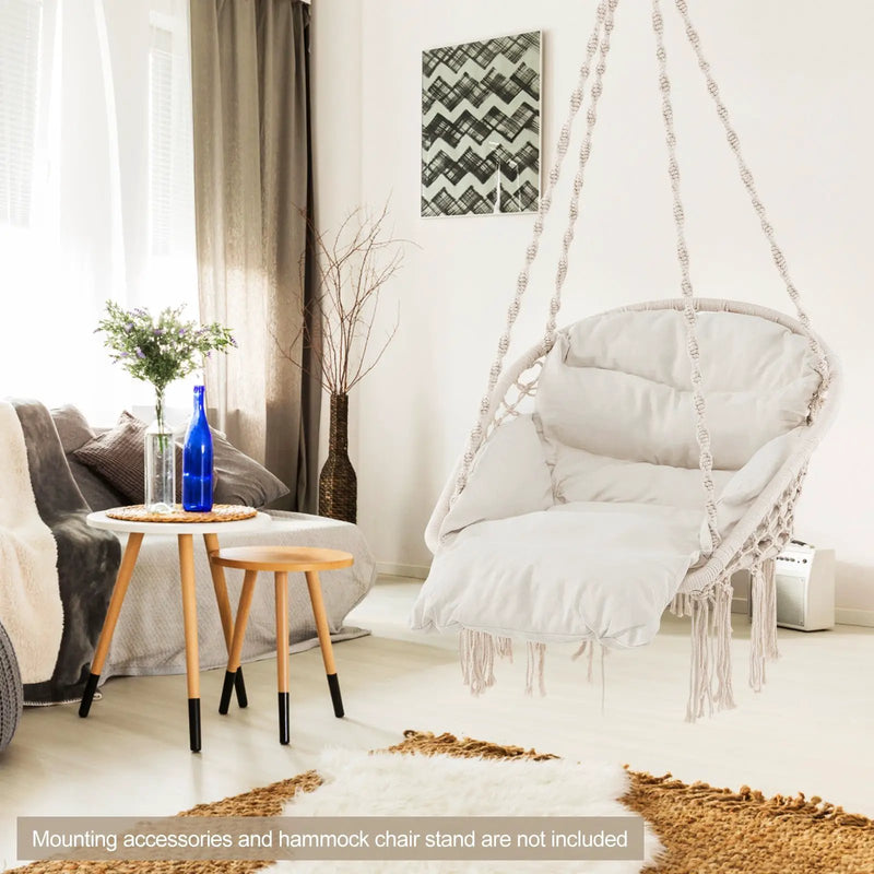 Hammock Chair with Thick Cushion & Macrame Holds up to 330 LBS-Beige by DirectDeals